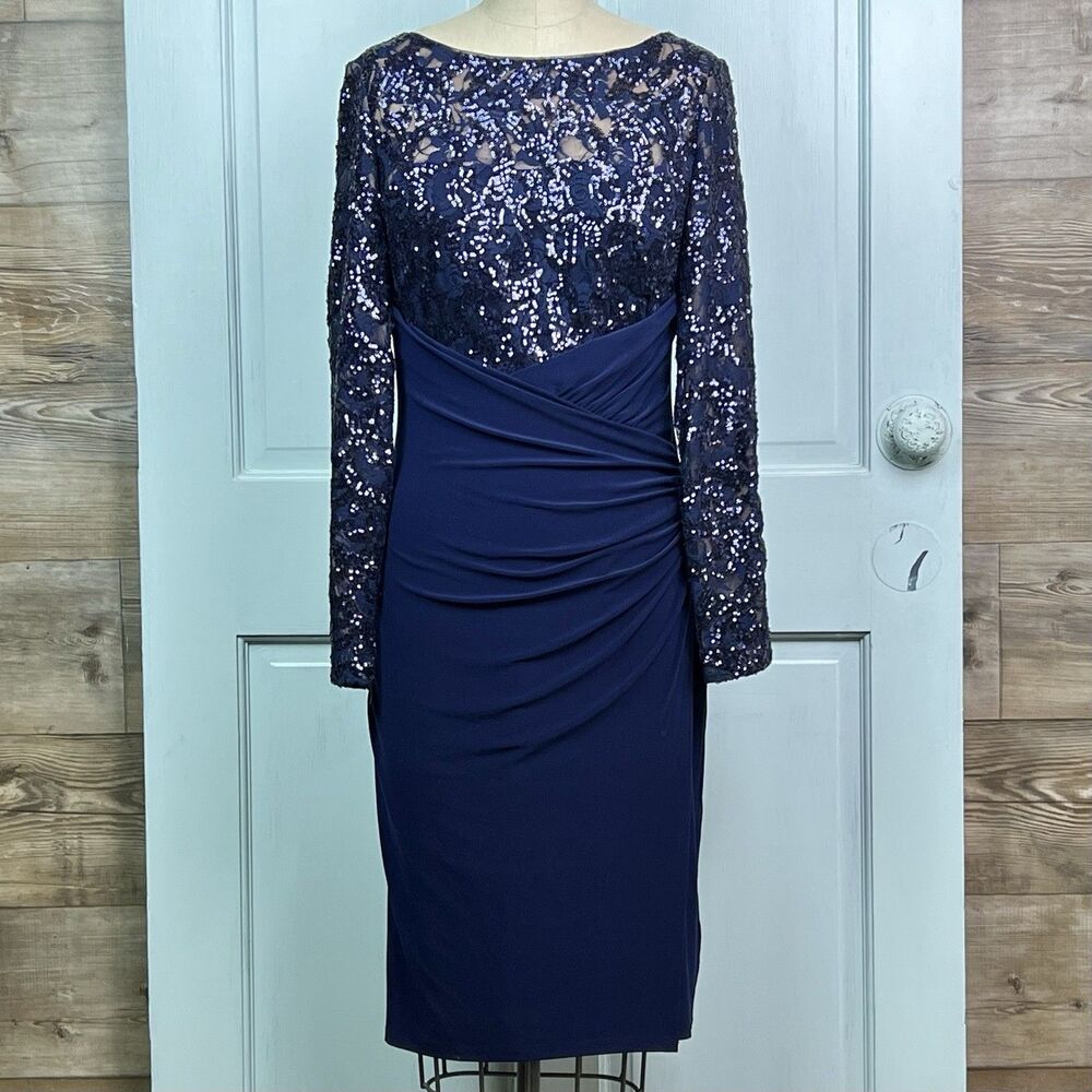 Lauren Ralph Lauren Blue Sequin Cocktail Dress Sheath Long Sleeve Ruched Skirt 8